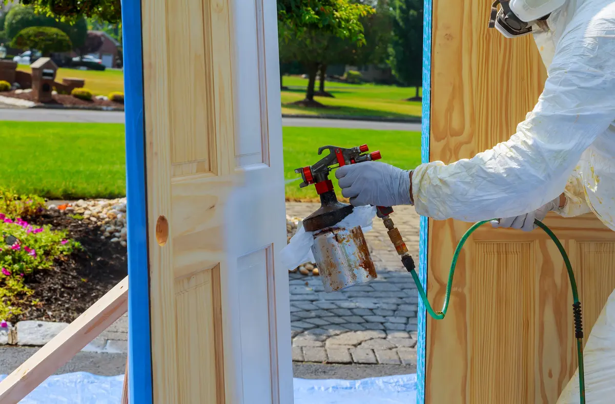 Painter spraying a smooth finish on a wood door