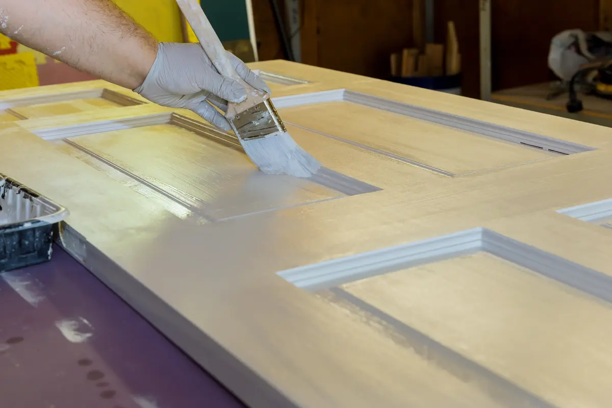 Brush applying white paint to a panel door
